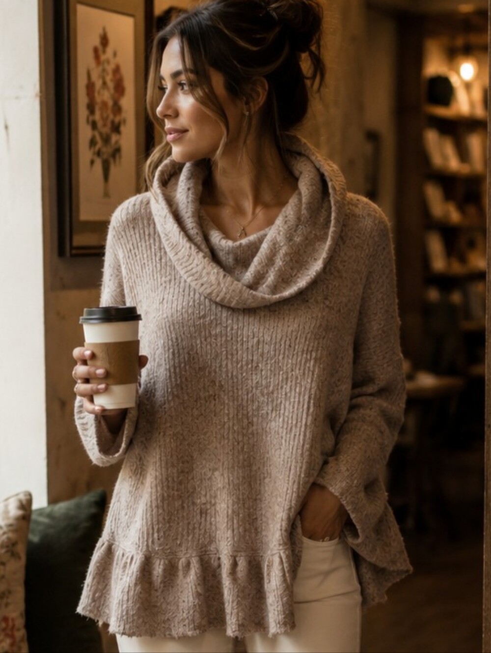Maeve Anthropologie Oversized Cozy Cowl Neck Ruffle Sweater Top S Cottagecore